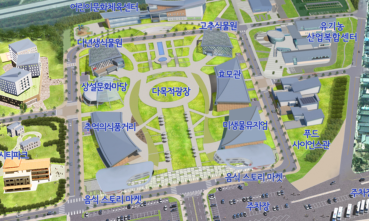 투자선도지구 조감도로 다목적광장을 중심으로 좌측에 시티파크, 어린이문화체육센터, 다년생식물원, 상설문화마당, 추억의 식품거리, 음식 스토리 마켓이 있고, 우측에 고추식물원, 효모관, 미생물뮤지엄, 음식 스토리 마켓, 유기농산업복합센터, 푸드사이언스관이 있다. 음식 스토리 마켓 뒤로 주차장이 위치해있다.