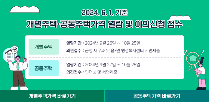 2024. 6. 1. 기준 개별주택·공동주택가격 열람 및 이의신청 접수

  （개별주택） 열람기간 : 2024년 9월 26일 ∼ 10월 25일 
               의견접수 : 군청 재무과 및 읍·면 행정복지센터 서면제출
  （공동주택） 열람기간 : 2024년 9월 27일 ∼ 10월 28일
               의견접수 : 인터넷 및 서면제출

개별주택가격 바로가기(클릭) / 공동주택가격 바로가기(클릭)